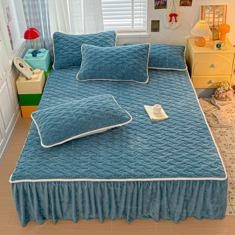 水星新家纺2025新款纯色绗缝牛奶绒床裙