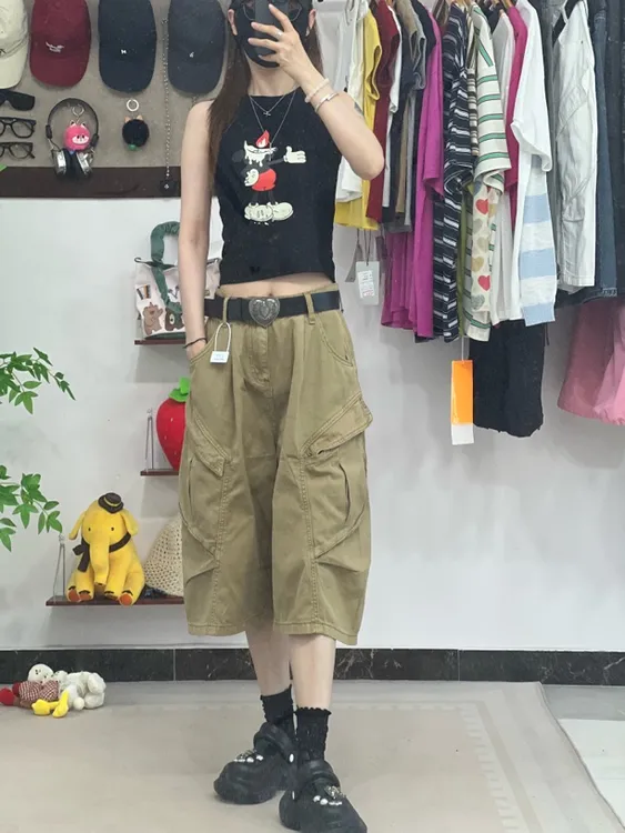 「小主精选」夏季美式新款高腰休闲七分工装裤
