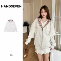 HandSeven潮派春秋连帽开衫格子内衬卫衣百搭休闲外套上衣情侣