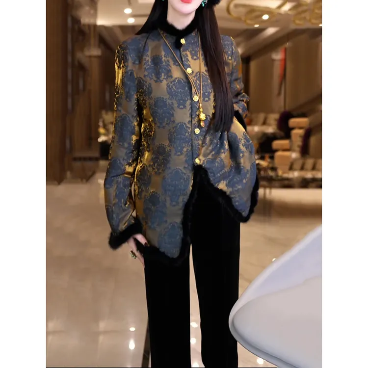 时尚洋气轻奢裤套装2025冬季新款国风印花夹棉长袖衬衫+显瘦裤子