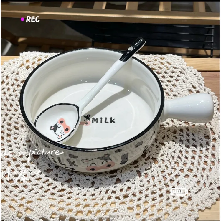 【2件套】陶瓷奶牛手吧碗长柄勺米饭碗套装宿舍碗甜品家用餐具勺子