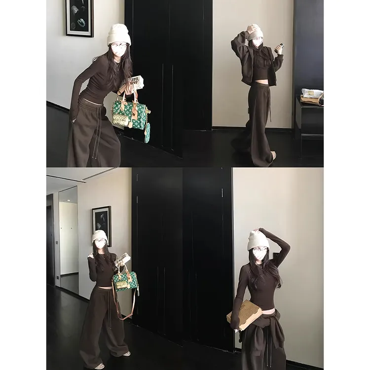 秋季卫衣套装女宽松连帽卫衣+阔腿长裤+修身内搭T恤  81255