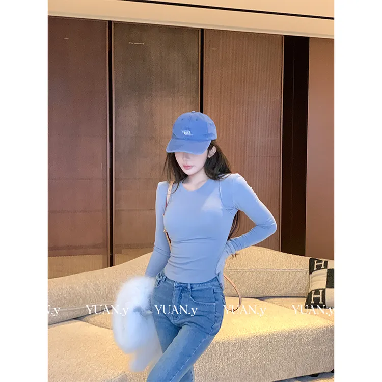 媛媛 【冬天的打底~】韩版圆领打底基础色辣妹秋冬上衣t恤女#D1051