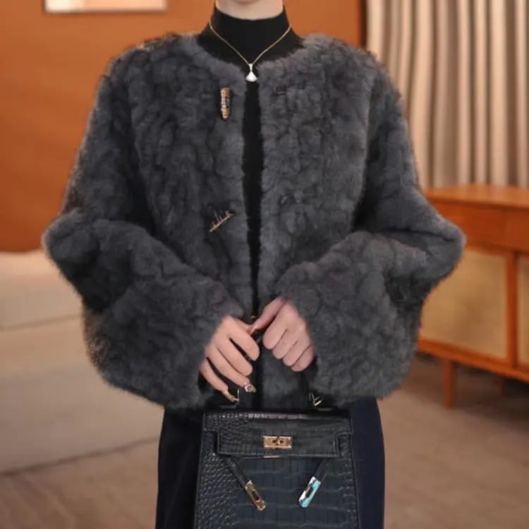 灰紫色女士短款毛毛外套设计师冬季气质精致外套