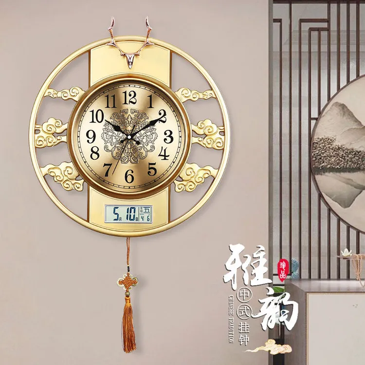 上海三五牌新中式挂钟客厅墙上钟表卧室时钟家用挂表中国风石英钟
