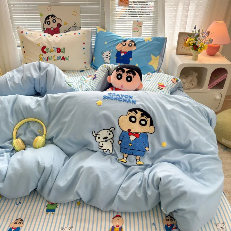 (帮洗发货)蜡笔小新毛巾绣床上用品四件套成人被套宿舍三件套被罩