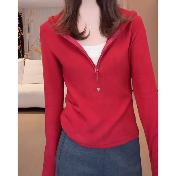 双面德绒保暖半拉链连帽卫衣女2025休闲简约通勤百搭帽衫长袖上衣
