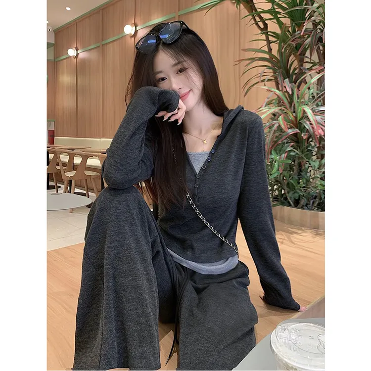 时尚V领卫衣休闲套装女阔腿拖地裤洋气长袖上衣韩版显瘦两件套