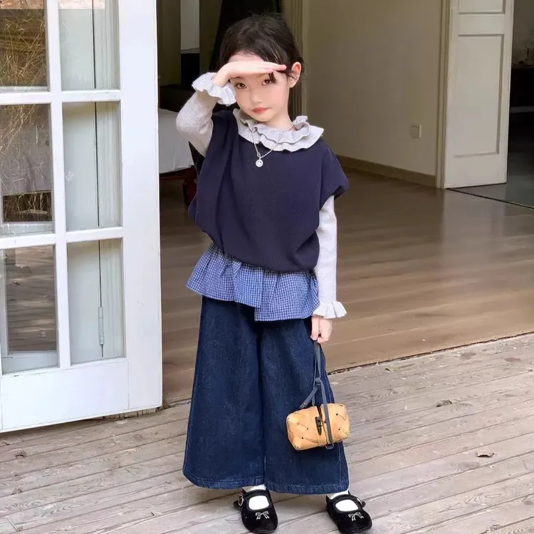 女童套装2025秋季新款韩版打底叠穿马甲儿童洋气时髦牛仔裤套装潮