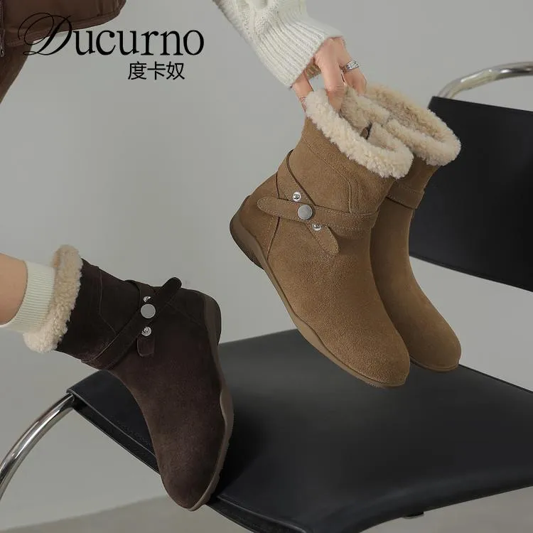 DUCURNO加绒短靴女时尚保暖毛绒雪地靴皮带扣百搭防滑靴子时装靴