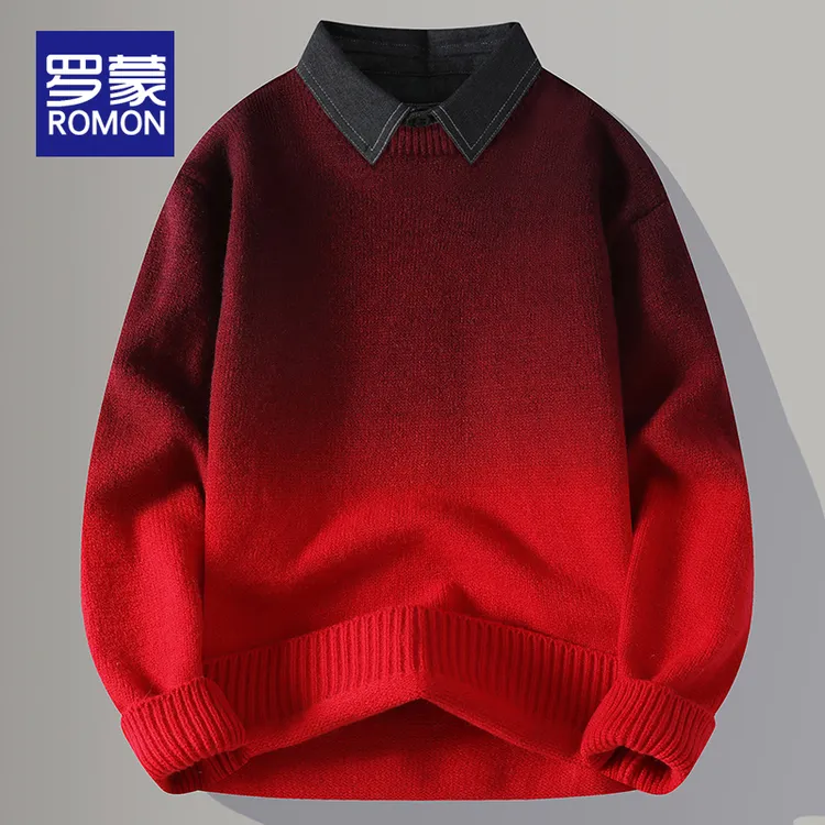 罗蒙男士渐变色衬衫领红毛衣男秋冬青年宽松保暖假两件针织衫男款
