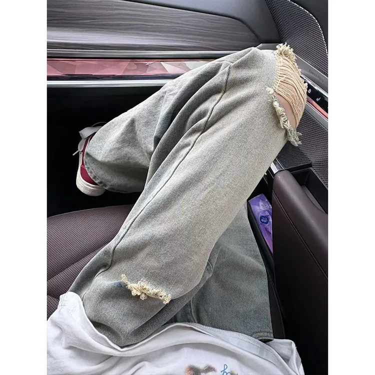 水洗复古乞丐破洞牛仔裤男款夏季薄款潮牌直筒裤子美式vibe微喇裤