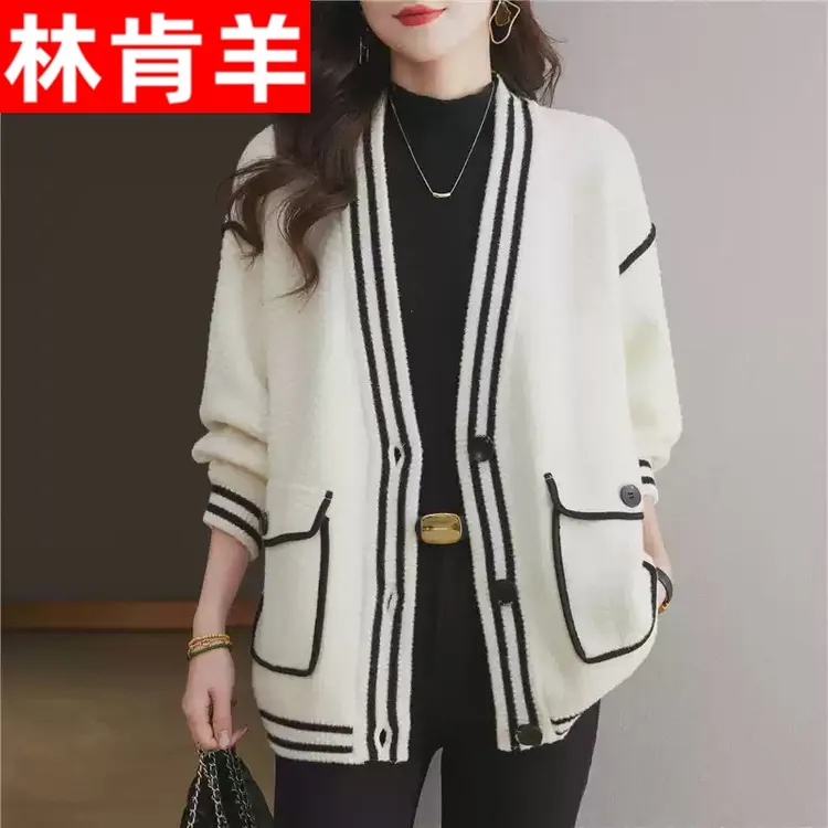 白色加厚针织开衫外套女拼色春秋外搭小香风洋气短款宽松毛衣披肩