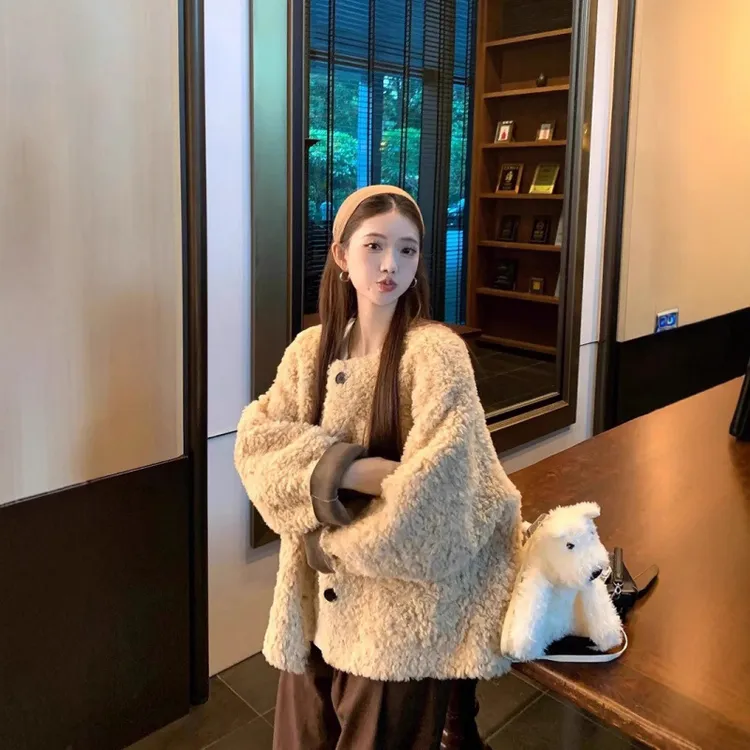 仿羊羔毛长袖外套女装2025春季新款韩系小个子宽松加厚保暖上衣潮