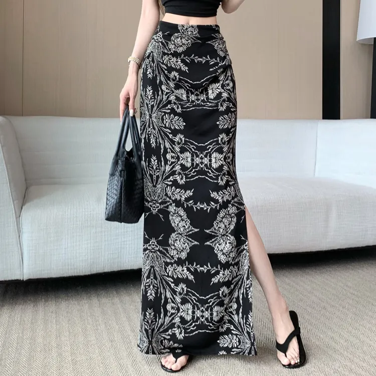 时尚复古印花开叉半身裙女夏季薄款气质高腰显瘦垂感a字包臀长裙