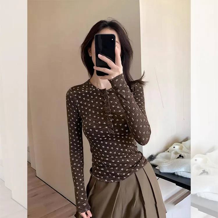 别致独特漂亮咖色碎花小衫半开领长袖t恤女秋冬洋气百搭打底上衣