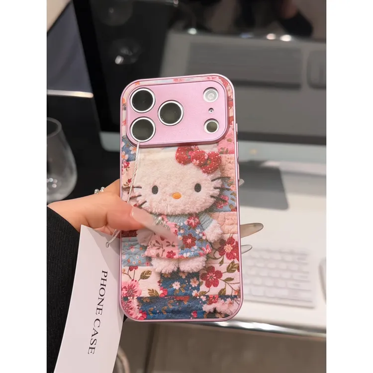 花棉袄kt猫适用苹果17pro手机壳16pm小众华为p70金属皮纹女小米15