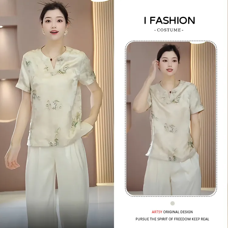 2025年夏季新款百搭时尚短袖t恤女高级感国风宽松显瘦v领印花上衣