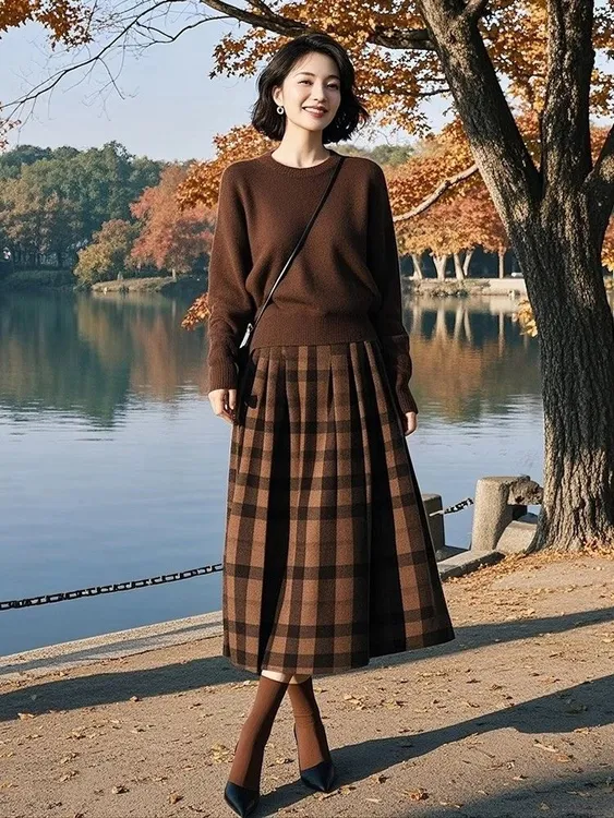 [工厂直销套装]早春款ins简约针织衫格子中长款半身裙99362+Q200