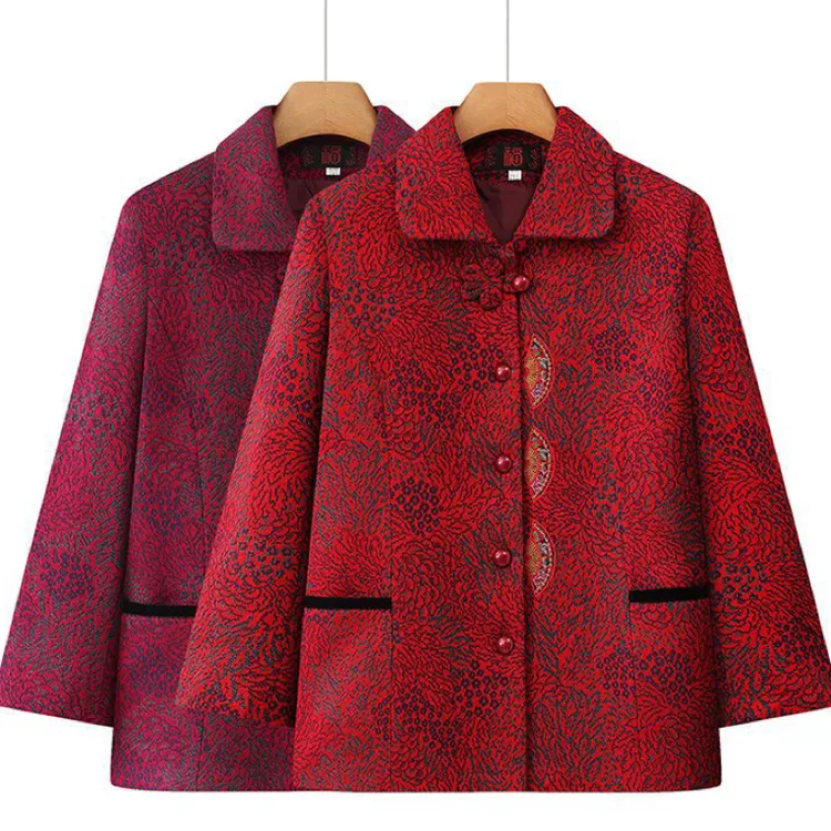 中老年人秋季翻领绣花洋气薄款奶奶装女中年气质老人外套妈妈装