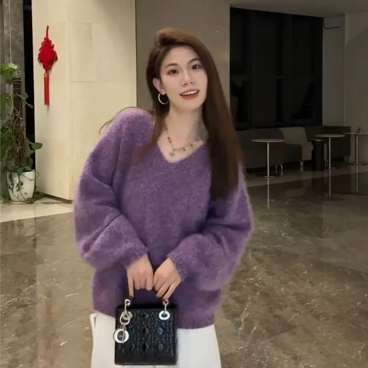 【花纱拉绒】100%绵羊毛厚款花纱拉绒V领慵懒宽松简约时尚上衣-1027