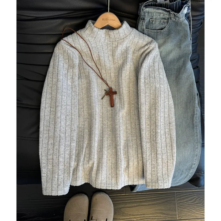 美式复古条纹加绒加厚保暖卫衣男女秋冬季长袖T恤cleanfit打底衫