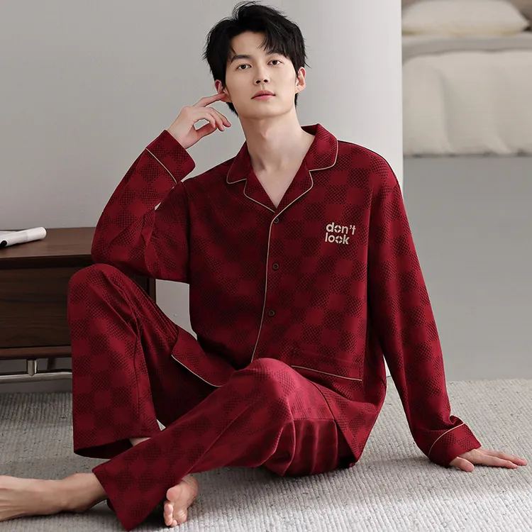 睡衣男士春秋季长袖纯棉红色家居服秋冬款中年全棉大码本命年套装
