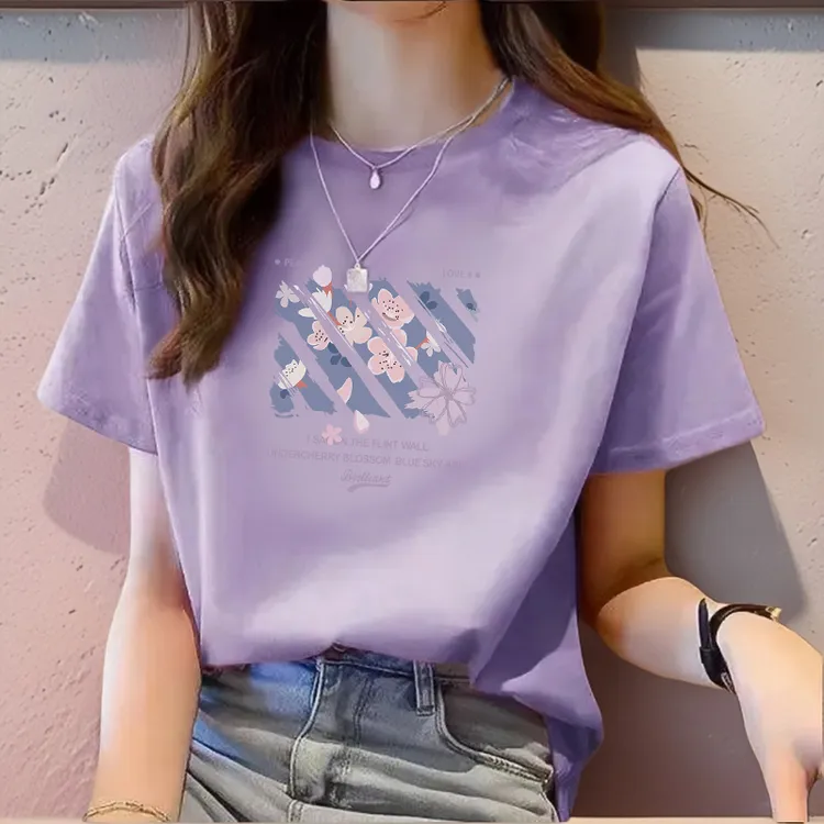 纯棉紫色短袖T恤2025新款夏季t恤女纯紫色胖妹妹常规正肩印花宽松