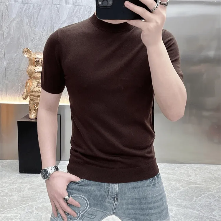 欧货轻奢高品质男装纯色半袖针织毛衣春秋男士休闲圆领短袖T恤