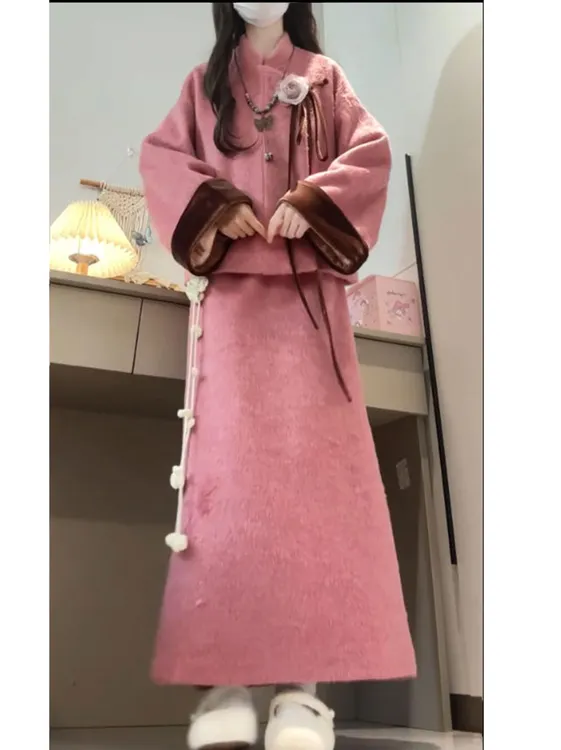 新中式国风穿搭一整套女秋冬季新款气质立领外套高腰半身裙两件套