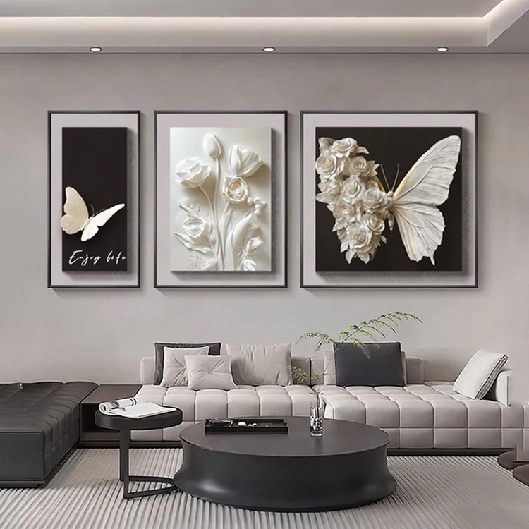 轻奢高级感客厅装饰画大气立体感沙发背景墙挂画花卉蝴蝶三联壁画