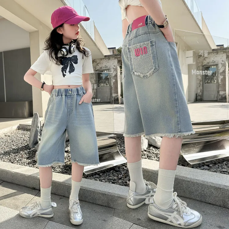 女童牛仔中裤2025夏装裤子洋气儿童中大童刺绣休闲夏季薄款五分裤