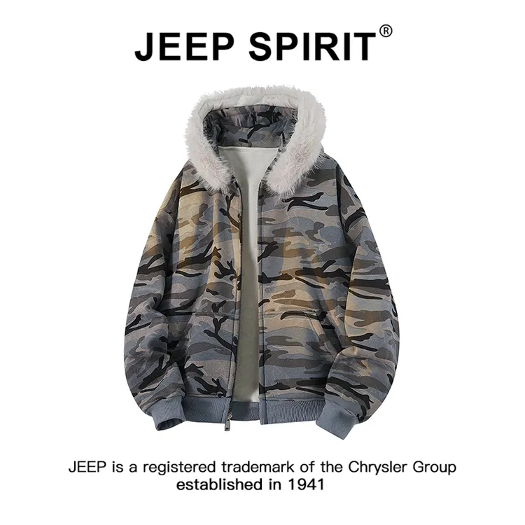 JEEPSPIRIT吉普美式户外军旅风迷彩加绒开衫连帽卫衣男士秋冬外套