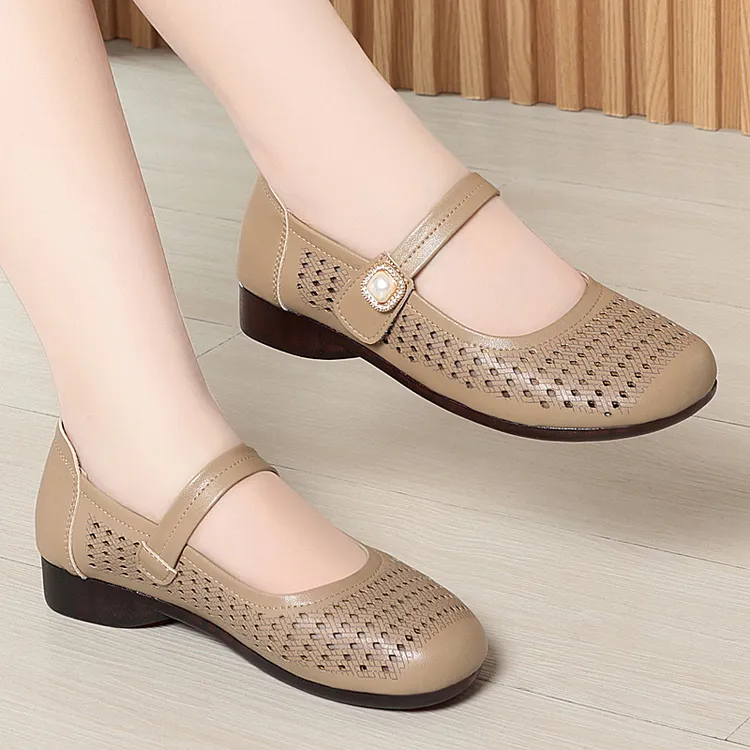 浅口单鞋女夏季镂空透气玛丽珍鞋镂空皮鞋百搭舒适中老年凉鞋女夏