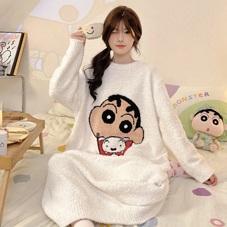 【蜡笔小新联名】半边绒睡袍女士秋冬季保暖加厚睡衣家居服