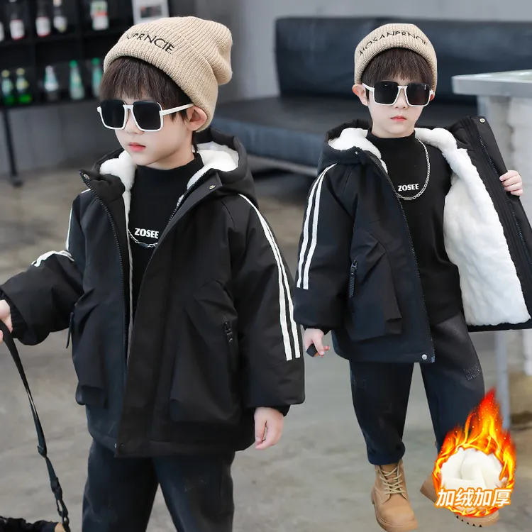 男童秋冬款洋气棉袄中小童休闲风加绒冬款黑色加厚男童棉服厚款