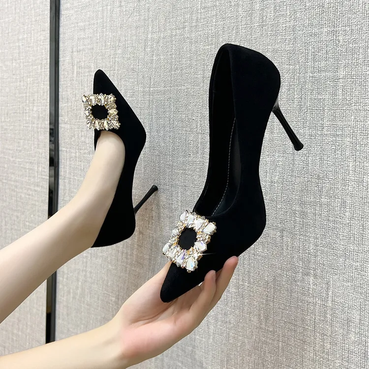 细跟高跟鞋法式尖头百搭浅口高跟鞋婚鞋水钻黑色气质职业秋季女鞋