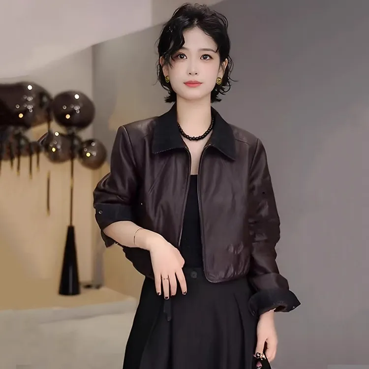 拉夏贝尔高级感短款皮衣女士早秋新款洋气撞色翻领外套夹克上衣潮