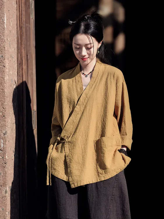 25棉麻女装新款复古禅意斜襟宽松亚麻系带汉服上衣外套女式禅茶服
