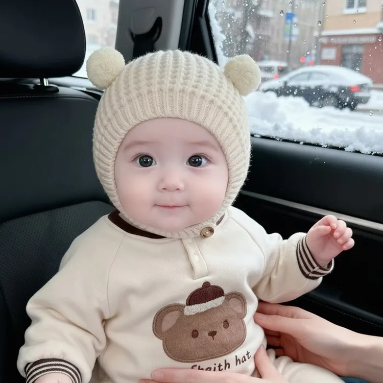 圆顶宝宝可爱卡通简约休闲风冬季婴幼儿0-6个月新生儿帽子