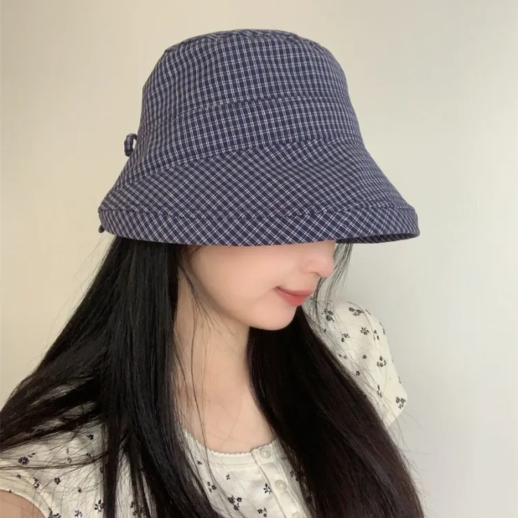 温德尔少女~miu系甜美藏青格子防晒渔夫帽女新款夏季大檐遮阳盆帽
