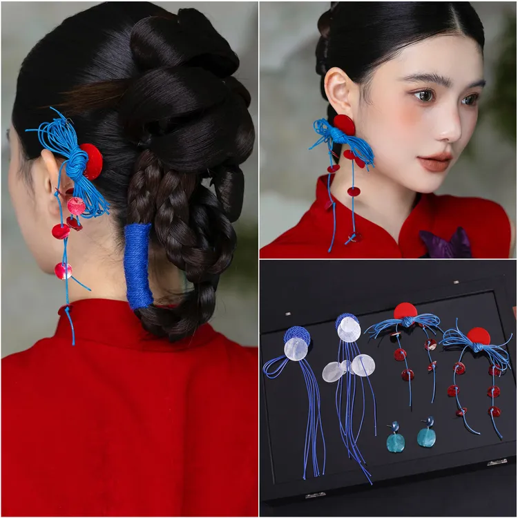 新中式国风造型耳环配饰红蓝耳针中式秀禾服耳饰新娘结婚礼服配饰
