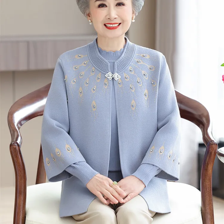中老年人女装毛衣洋气外套奶奶秋冬加绒毛衣时尚妈妈装针织两件套