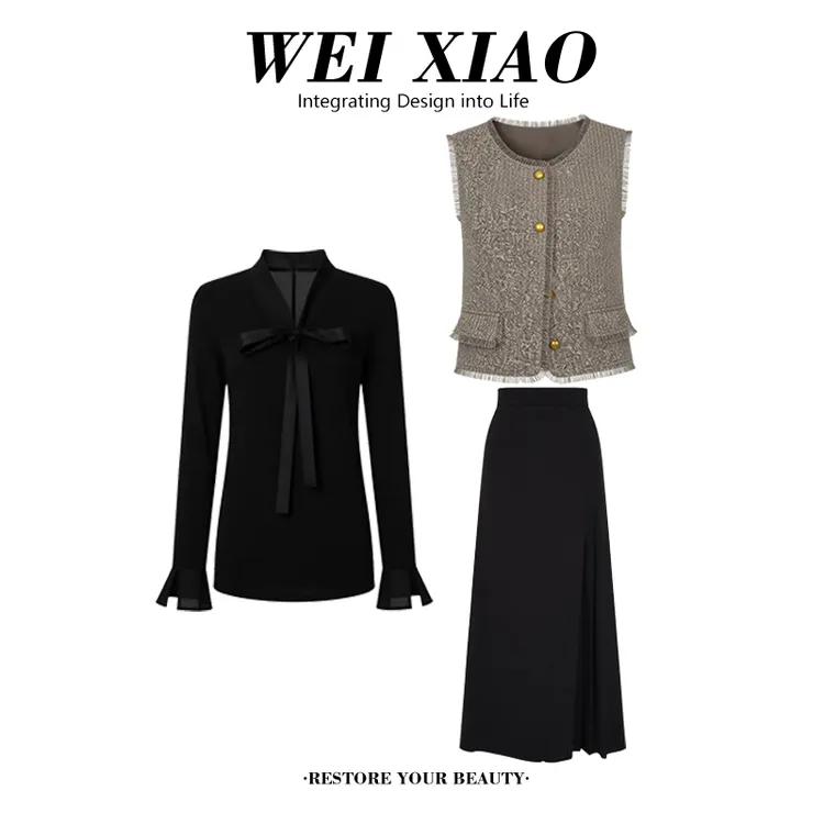 春秋新款时尚气质百搭马甲+蝴蝶结飘带上衣+高腰显瘦裙裤三件套女