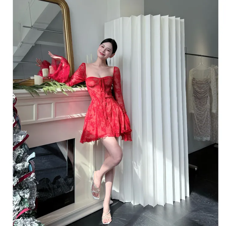 【JINGGUO轻奢】小众设计蕾丝法式复古短袖红色性感连衣裙6962