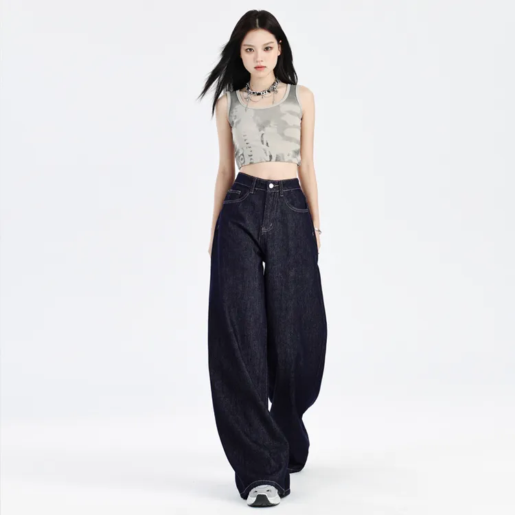 不掉色深蓝色牛仔裤女秋季新款美式设计感宽松显瘦直筒拖地阔腿裤