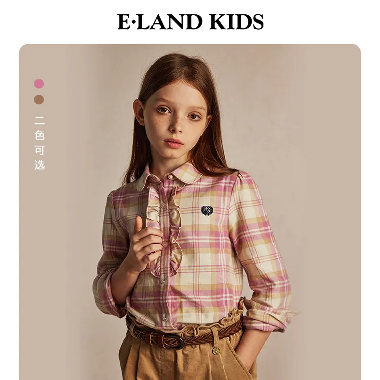 【100%棉】E·LAND KIDS女童衬衫花边格纹徽章刺绣上衣EKBAE4T21A