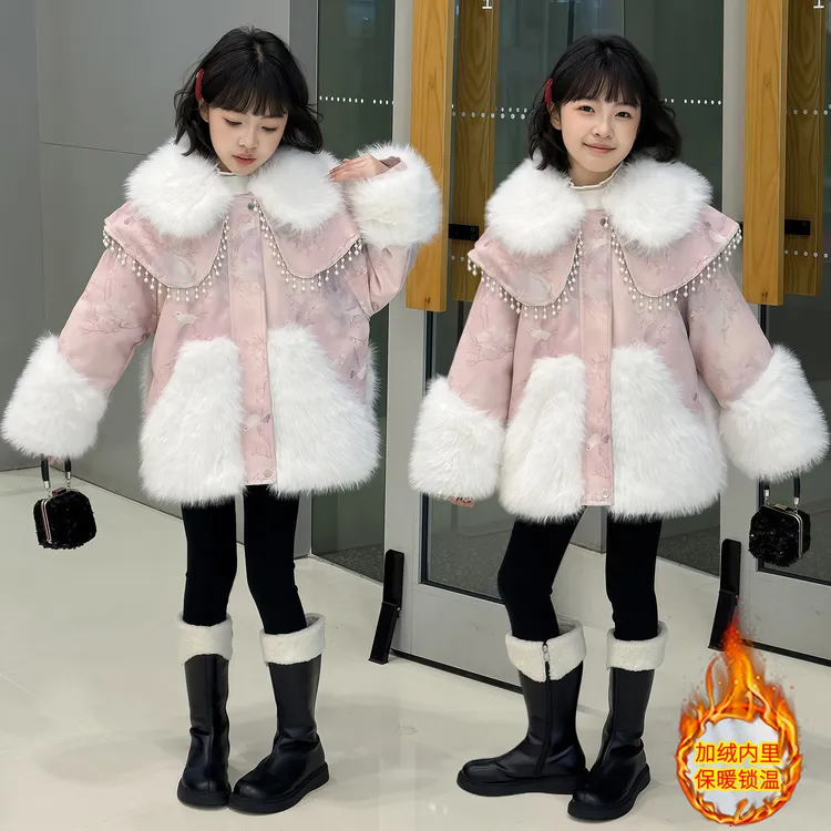 女童冬季加绒仿皮草外套2025新款女孩中大童洋气加厚保暖棉衣冬款