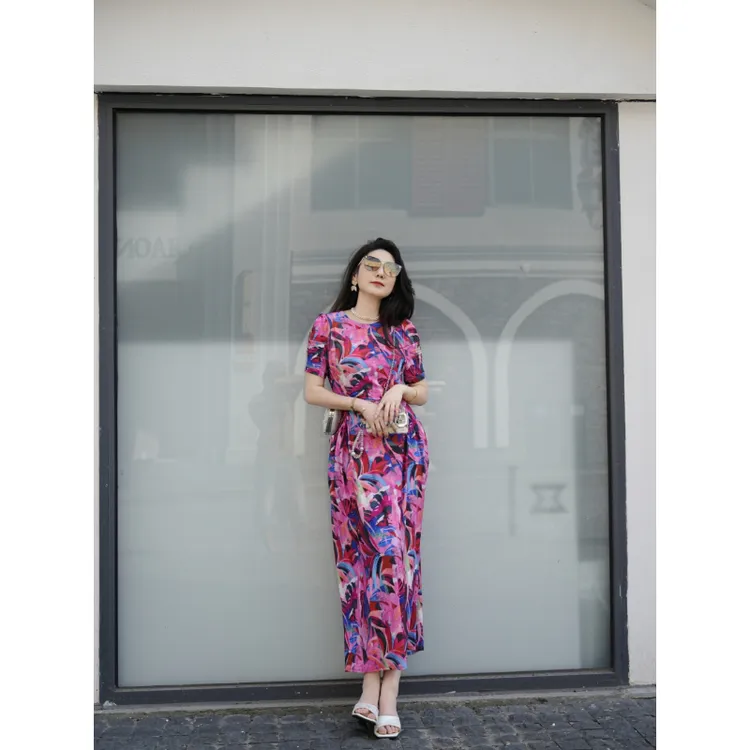 HZHJ原创设计师款 粉紫油画 短袖连衣裙时尚法式气质1944