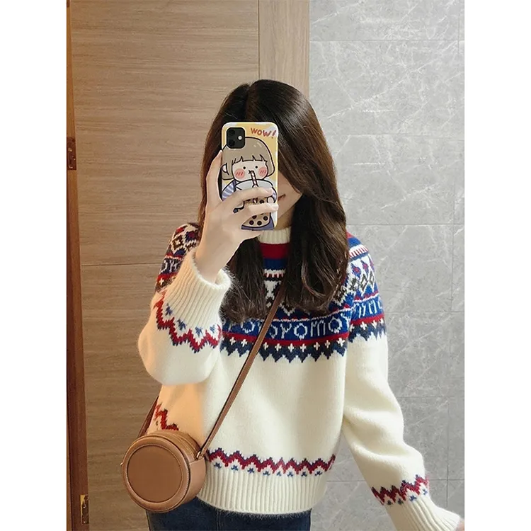 米白色慵懒风费尔岛套头针织衫女冬季巨好看的加厚毛衣可外穿内搭